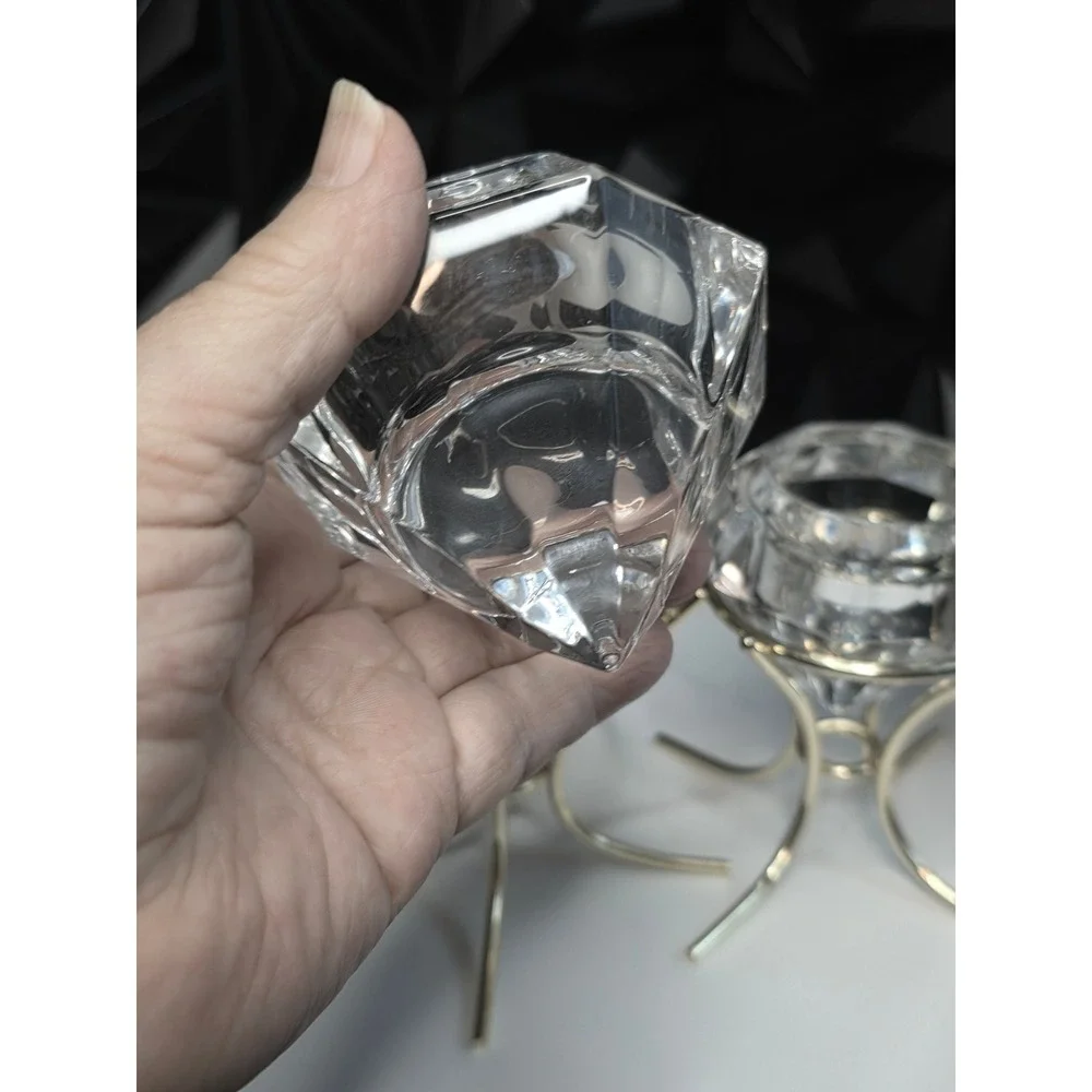 Diamond Shaped Crystal Glass Votive Candle Holders Gold Metal Stands Set of 2